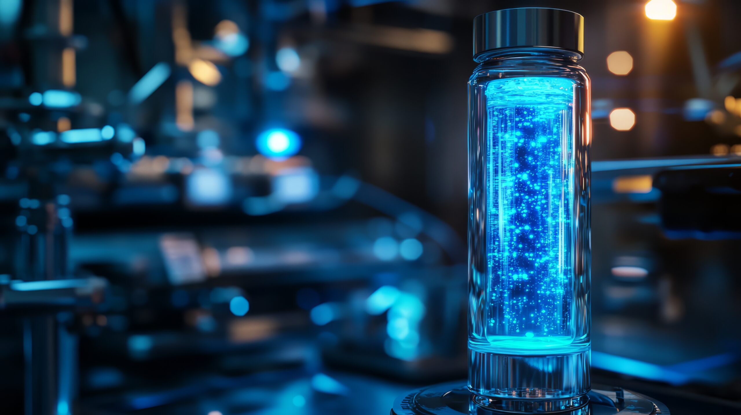 A close-up of a cylindrical glass vial filled with a blue glowing liquid,  in a laboratory setting. It captures a sense of scientific discovery and the potential for breakthroughs.