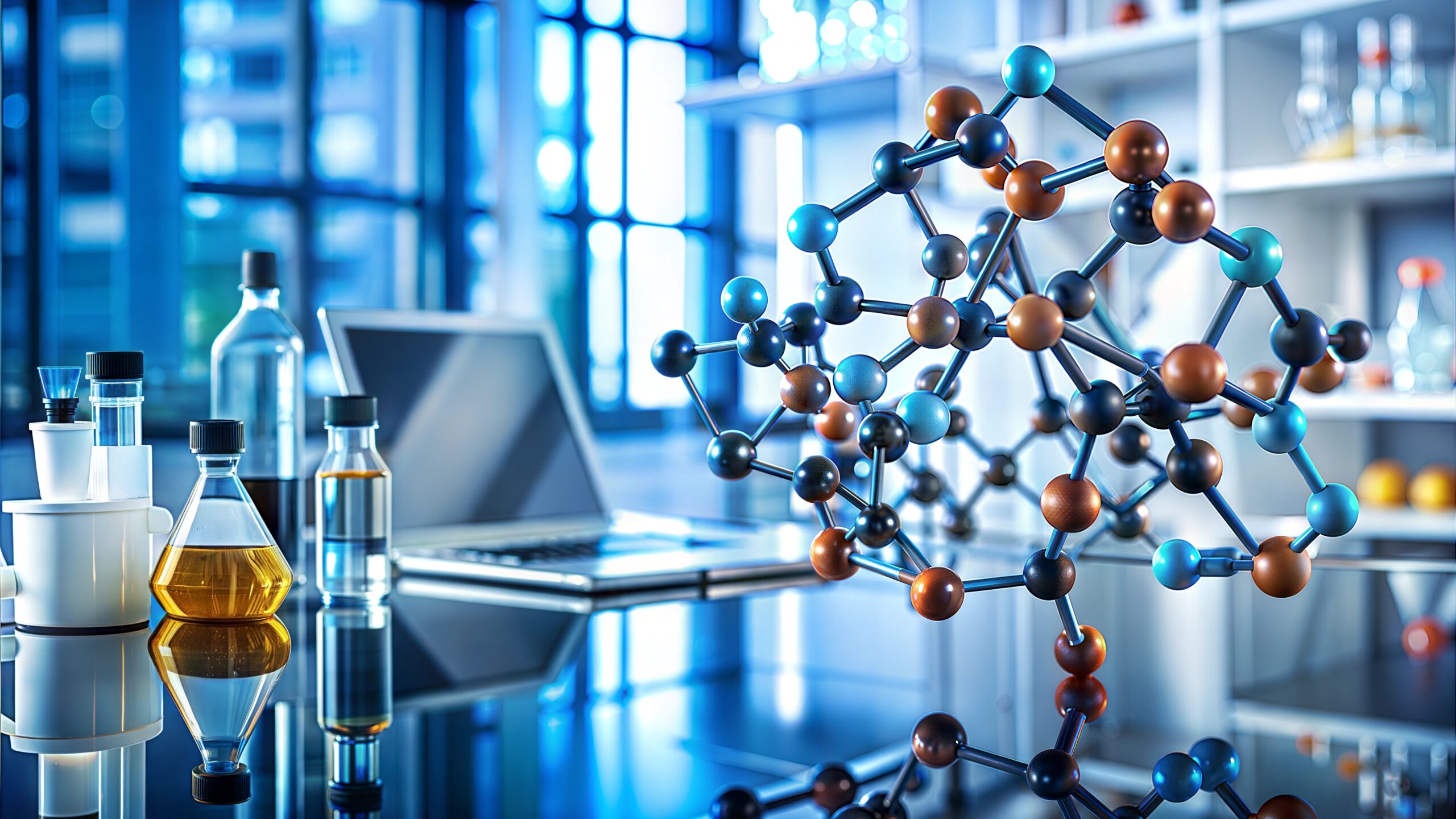 Laboratory setting with molecular model, glassware, and laptop on a reflective surface.