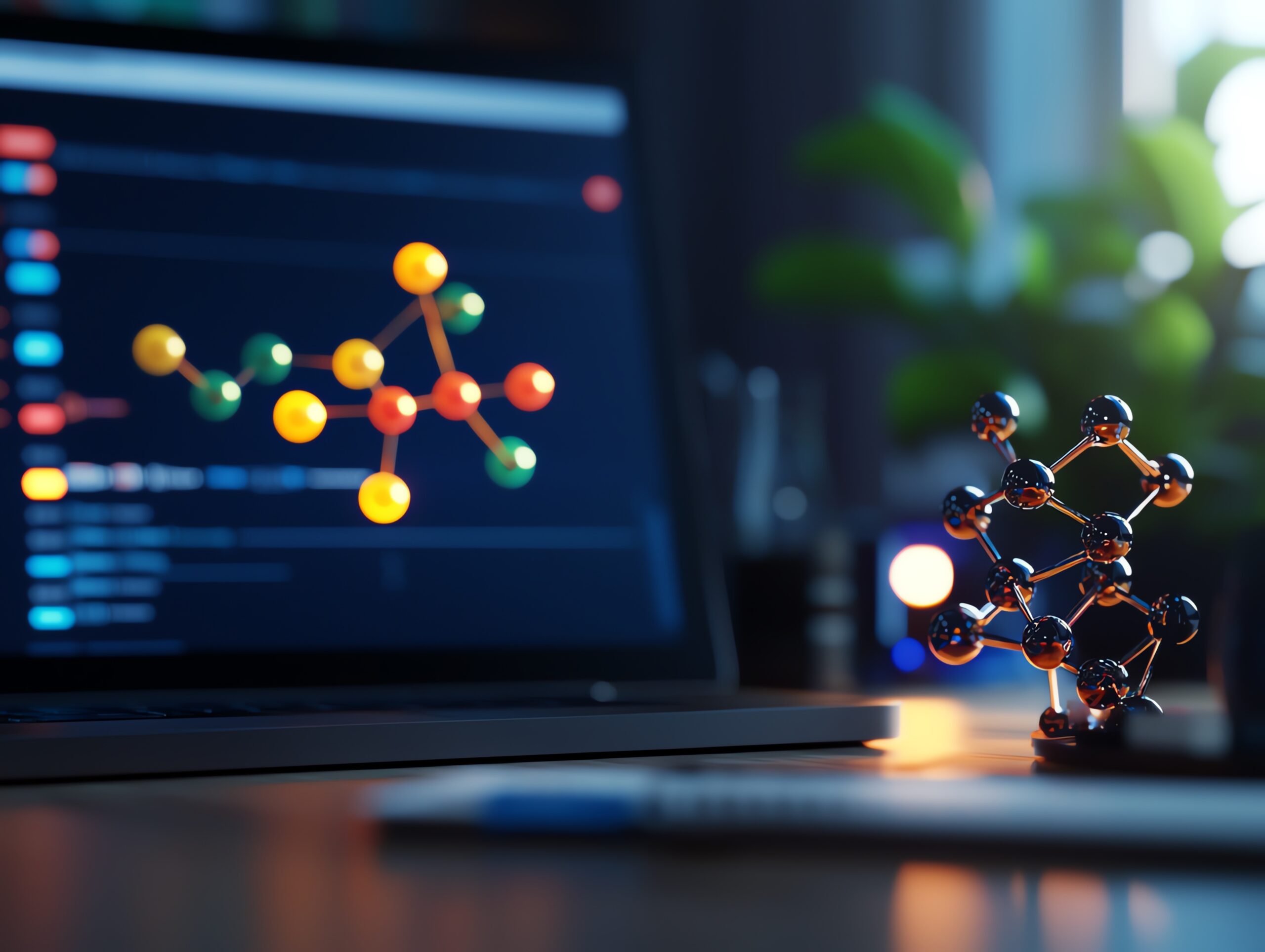 A close-up of a molecular model beside a laptop displaying molecular structures and data, emphasizing scientific research.